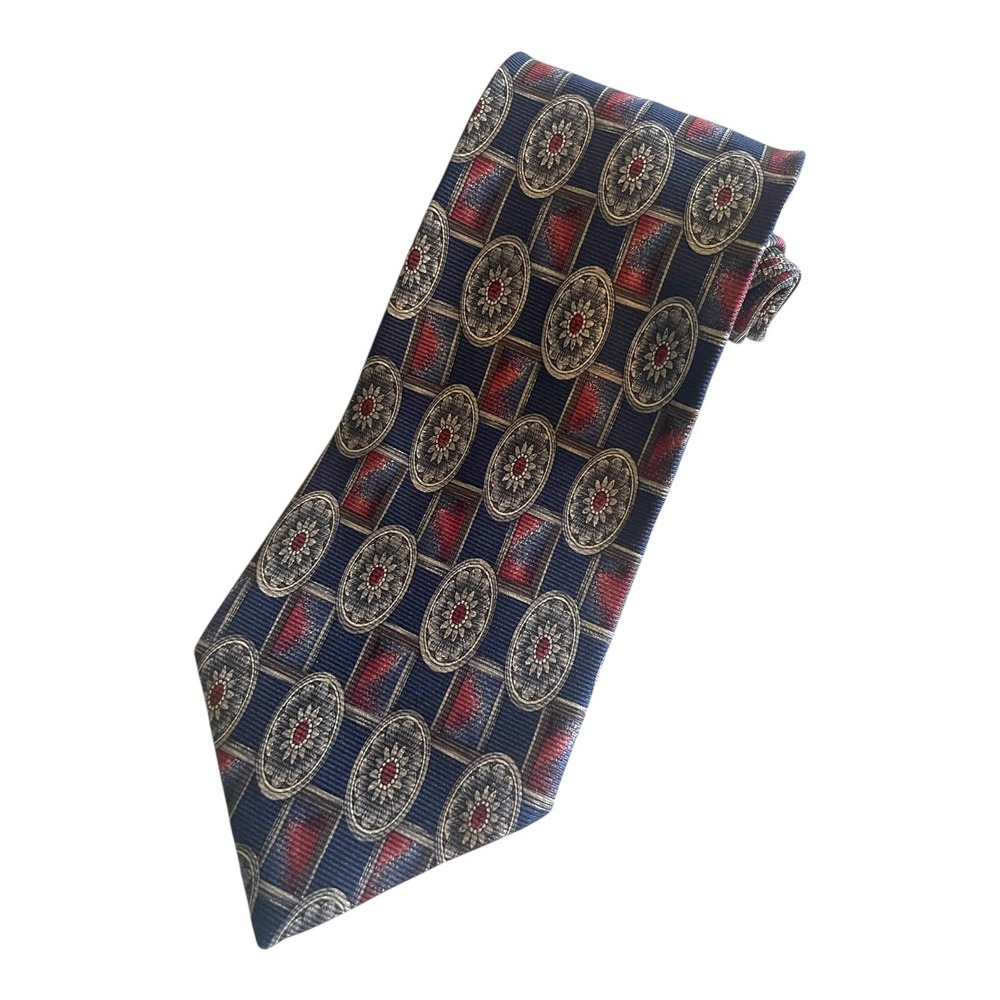 Gitman Brothers Silk Tie Blue Wide Geometric Floral Foulard Hand Made in USA